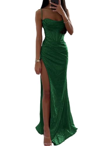 Tomwell Damen Pailletten Abendkleid Sexy Schulterfrei Hohe Taille Seitenschlitz Lang Kleid Maxikleid Elegant V-Ausschnitt Cocktailkleid Ballkleider B Grün M von Tomwell