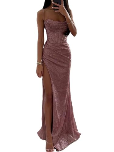 Tomwell Damen Pailletten Abendkleid Sexy Schulterfrei Hohe Taille Seitenschlitz Lang Kleid Maxikleid Elegant V-Ausschnitt Cocktailkleid Ballkleider B Rosa L von Tomwell