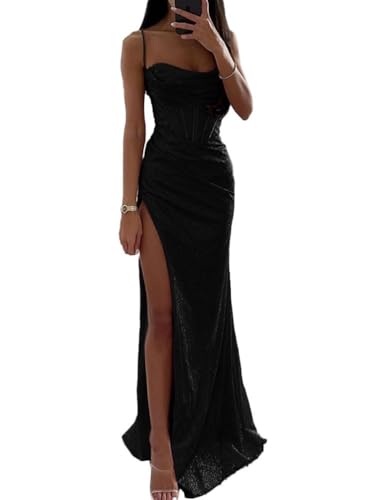 Tomwell Damen Pailletten Abendkleid Sexy Schulterfrei Hohe Taille Seitenschlitz Lang Kleid Maxikleid Elegant V-Ausschnitt Cocktailkleid Ballkleider B Schwarz S von Tomwell