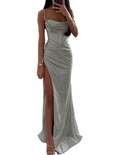 Tomwell Damen Pailletten Abendkleid Sexy Schulterfrei Hohe Taille Seitenschlitz Lang Kleid Maxikleid Elegant V-Ausschnitt Cocktailkleid Ballkleider B Silber S von Tomwell