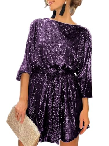 Tomwell Damen Pailletten Kleider Langarm Festlich Partykleid Elegant Glitzer Minikleid Paillettenkleid Glitzerkleid Abendkleid A Violett M von Tomwell