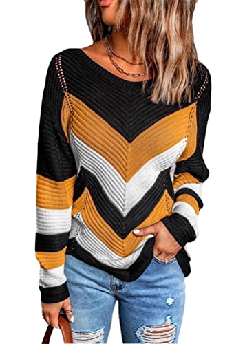 Tomwell Damen Pullover Elegant Einfarbiger Pullover Gestrickter Pullover Damen Pullover Mit Rundhalsausschnitt Casual Sweater Langarm Sweatshirt Damen Lockerer Strickpullover Pullover C Gelb XXL von Tomwell