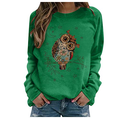 Tomwell Damen Pullover Eule Drucken Langarmshirt Sweatshirt Rundhals Langarm Shirt Herbst Winter Pulli Tops Oberteile D Grün L von Tomwell