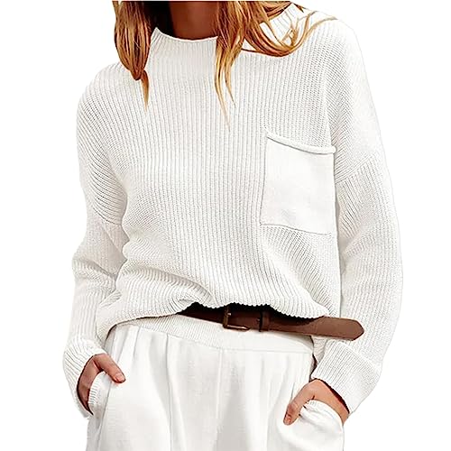 Tomwell Damen Pullover Grobstrick Oversize Rundhals Langarm Strickpullover Einfarbig Elegant Herbst Winter Strickpulli Sweater Gestrickt Sweatshirts A Weiß XL von Tomwell