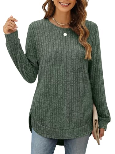 Tomwell Damen Pullover Herbst Strickpullover Mode Longpullover Gebogener Saum Langarmshirt Dünn Rundhals Sweatshirts A Grün XXL von Tomwell