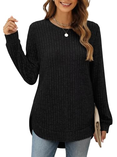 Tomwell Damen Pullover Herbst Strickpullover Mode Longpullover Gebogener Saum Langarmshirt Dünn Rundhals Sweatshirts A Schwarz XXL von Tomwell