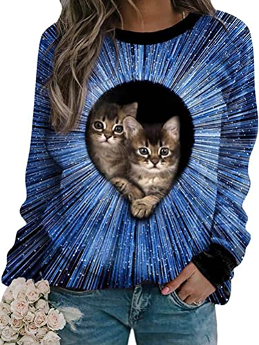 Tomwell Damen Pullover Katze Bedrucktes Rundhals Jumpers Sweatshirt Vintage Langarmshirt Oversized Langarm Oberteile Mode Freizeit Sweater Pulli Lässige Retro Blusen Stil-10 XL von Tomwell