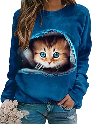 Tomwell Damen Pullover Katze Bedrucktes Rundhals Jumpers Sweatshirt Vintage Langarmshirt Oversized Langarm Oberteile Mode Freizeit Sweater Pulli Lässige Retro Blusen Stil-11 L von Tomwell