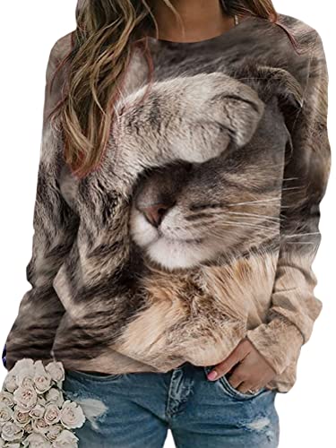 Tomwell Damen Pullover Katze Bedrucktes Rundhals Jumpers Sweatshirt Vintage Langarmshirt Oversized Langarm Oberteile Mode Freizeit Sweater Pulli Lässige Retro Blusen Stil-16 M von Tomwell