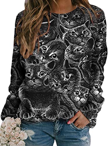 Tomwell Damen Pullover Katze Bedrucktes Rundhals Jumpers Sweatshirt Vintage Langarmshirt Oversized Langarm Oberteile Mode Freizeit Sweater Pulli Lässige Retro Blusen Stil-2 XL von Tomwell