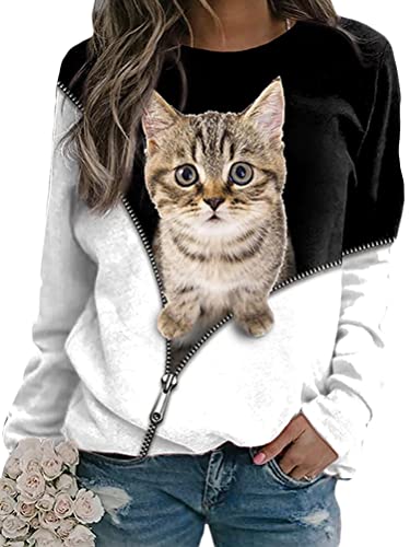 Tomwell Damen Pullover Katze Bedrucktes Rundhals Jumpers Sweatshirt Vintage Langarmshirt Oversized Langarm Oberteile Mode Freizeit Sweater Pulli Lässige Retro Blusen Stil-5 L von Tomwell