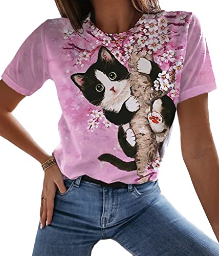 Tomwell Damen Pullover Katze Bedrucktes Rundhals Jumpers Sweatshirt Vintage Oversized Kurzarm Oberteile Mode Freizeit Sweater Pulli Lässige Retro Blusen Rosa XXL von Tomwell