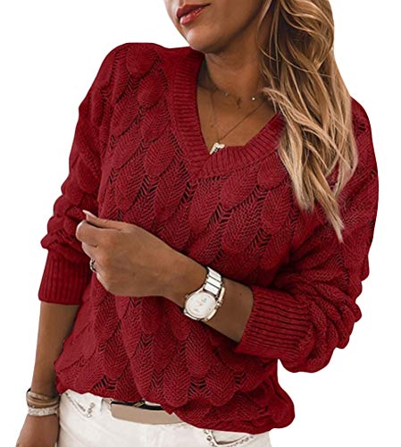 Tomwell Damen Pullover Strickpullover V Auschnitt Sweatshirt Gestreift Hoodie Pulli Herbst Oberteile Tops Grün 3XL Rot L von Tomwell