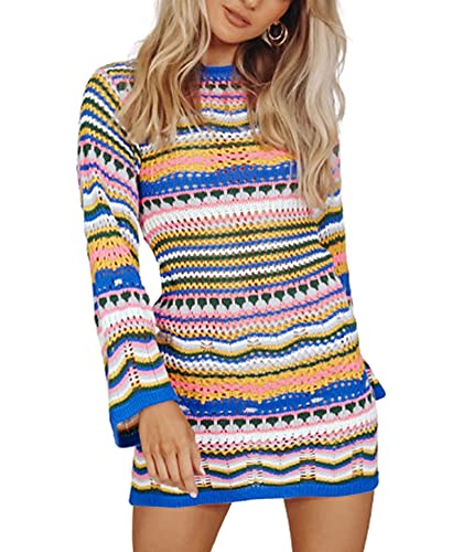 Tomwell Damen Pullover Y2K Fashion Knit Sweater Regenbogen Colorblock Rollkragenpullover Stehkragen Oversize Pulli Langarm Strickpullover Loose Tops Sweatshirts E Blau S von Tomwell