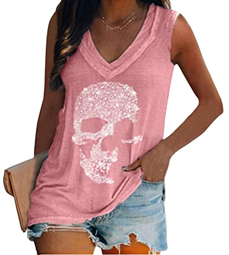 Tomwell Tank Top Damen Sweatshirt Ärmelloses Locker Pullover Totenkopf Druck Oberteile Frauen Herbst Elegant V-Ausschnitt Tops Lässig Löwenzahn Tunika T-Shirt K Rosa XL von Tomwell