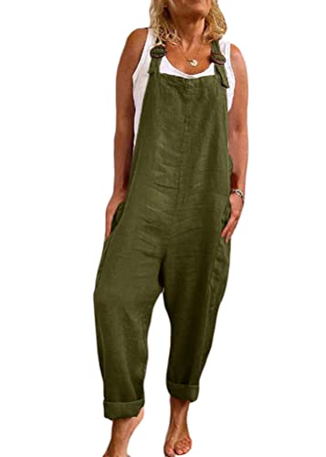 Tomwell Damen Retro Latzhose Sommerhose Jumpsuits Playsuit Leinen Casual Loose Overall Lange Wide Leg Hosen Grün 3XL von Tomwell