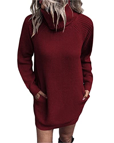 Tomwell Damen Rollkragen Strickkleid Laternenhülse Einfarbig Pullover Kleid Casual Lose Herbst Kleid Oberteile Minikleid Langarm Pulli Wickelkleid B Rot S von Tomwell