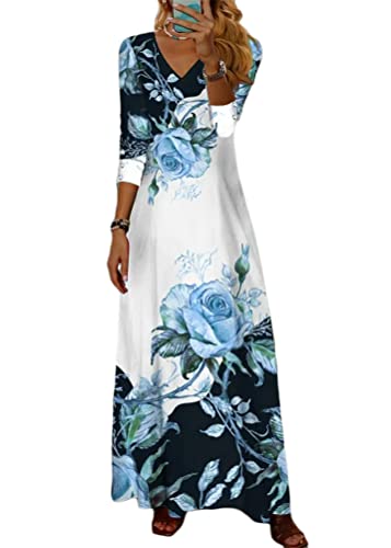 Tomwell Damen Rundhals Ärmellos Kleider Drucken Vintage Locker Elegant Freizeitkleid Sommer Strandkleider Lange Maxikleid B Blau XXL von Tomwell