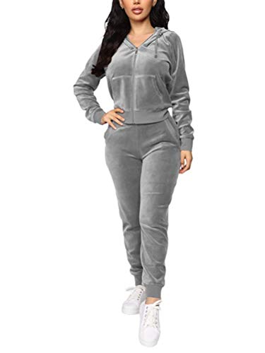 Tomwell Damen Samt Sportanzüge 2 Stück Set Sexy Bauchfrei Kapuzenpullover mit Reißverschluss oder Tunnelzug und Slim Fit Jogginghose Jogginganzug B1 Grau 44 von Tomwell