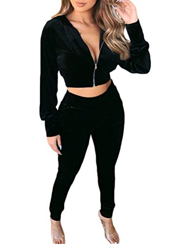 Tomwell Damen Samt Sportanzüge 2 Stück Set Trainingsanzug Top + Lange Hose Sexy Bauchfrei Kapuzenpullover mit Reißverschluss und Slim Fit Jogginghose Jogginganzug Y Schwarz M von Tomwell