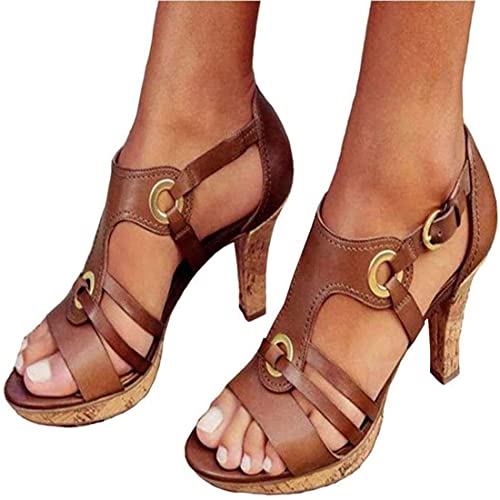 Tomwell Damen Sandalen High Heels Retro Römersandalen Blockabsatz Sandaletten Offene Zehe Sommer Strandschuhe Braun 37 EU von Tomwell