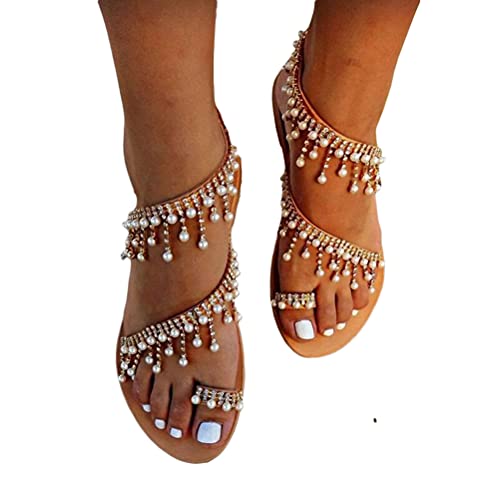 Tomwell Damen Sandalen Riemchen Flache Sandalen Böhmen Strandsandalen Elegante Lace Spitze Blumen Sommerschuhe Freizeit Vintage Zehe Ring Gladiator Römische Schuhe Zehentrenner Komfortable von Tomwell