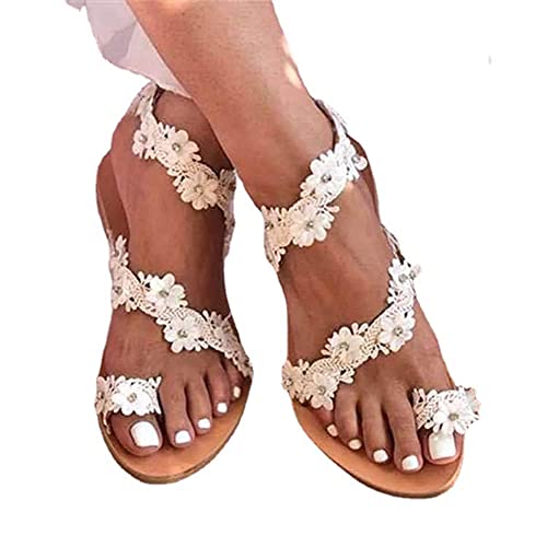 Tomwell Damen Sandalen Riemchen Flache Sandalen Böhmen Strandsandalen Elegante Lace Spitze Blumen Sommerschuhe Freizeit Vintage Zehe Ring Gladiator Römische Schuhe Zehentrenner Komfortable von Tomwell