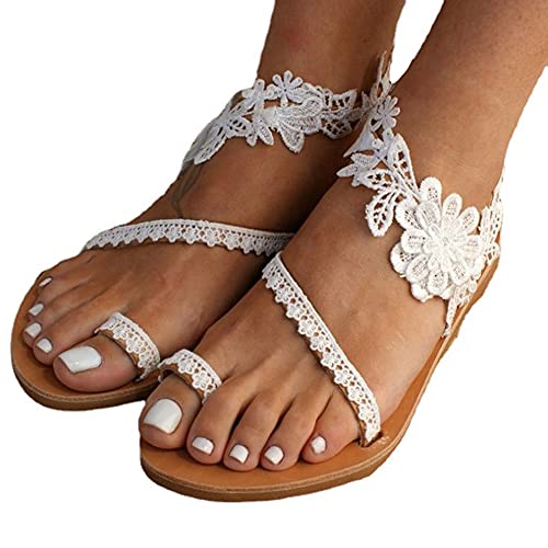 Tomwell Damen Sandalen Riemchen Flache Sandalen Böhmen Strandsandalen Elegante Lace Spitze Blumen Sommerschuhe Freizeit Vintage Zehe Ring Gladiator Römische Schuhe Zehentrenner Komfortable von Tomwell