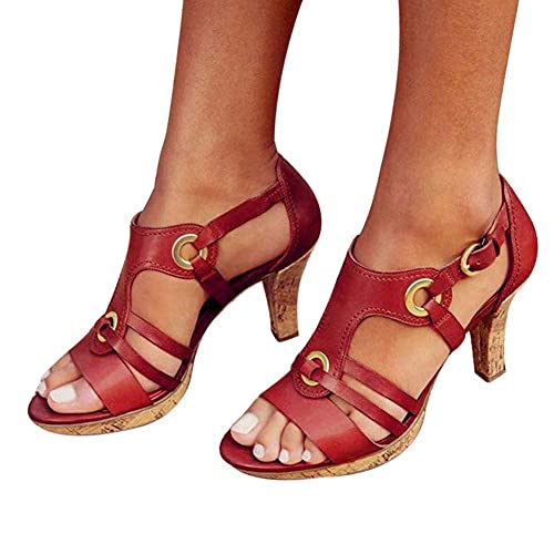 Tomwell Damen Sandaletten High Heels Boho Peep Toe Pumps Hochzeit Schuhe Abendschuhe Retro Elegant Roman Sandalen Mit Schnalle Rot 37 EU von Tomwell