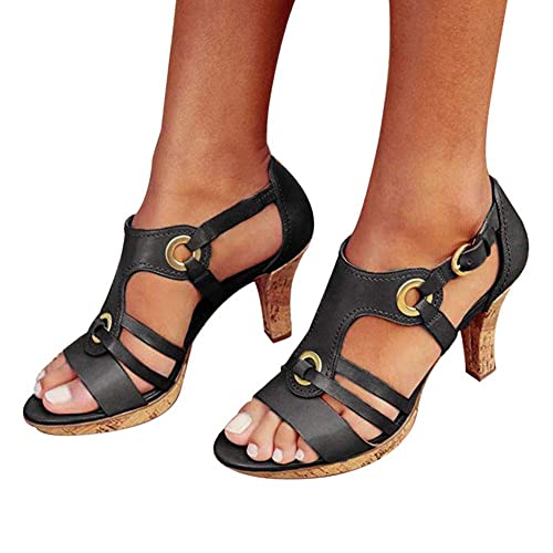 Tomwell Damen Sandaletten High Heels Boho Peep Toe Pumps Hochzeit Schuhe Abendschuhe Retro Elegant Roman Sandalen Mit Schnalle Schwarz 37 EU von Tomwell