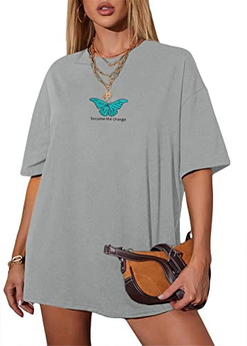 Tomwell Damen Schmetterling T-Shirt Kurzarm Sport Oberteile Sommer Rundhals Oversized Tshirt Vintage Lose Grafikdruck Bluse Longshirt Tunika Lang Tops Teenager Mädchen A Grau S von Tomwell