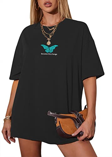 Tomwell Damen Schmetterling T-Shirt Kurzarm Sport Oberteile Sommer Rundhals Oversized Tshirt Vintage Lose Grafikdruck Bluse Longshirt Tunika Lang Tops Teenager Mädchen A Schwarz S von Tomwell