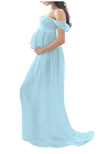 Tomwell Damen Schwangerschaftskleid Split Bodenlanges Kleid Einfarbig Elegant Fotoshooting Umstandskleider Maternity Chiffonkleid Maxi Schwangere Fotografie Kleid A Blau XL von Tomwell