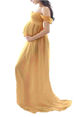Tomwell Damen Schwangerschaftskleid Split Bodenlanges Kleid Einfarbig Elegant Fotoshooting Umstandskleider Maternity Chiffonkleid Maxi Schwangere Fotografie Kleid A Gelb M von Tomwell