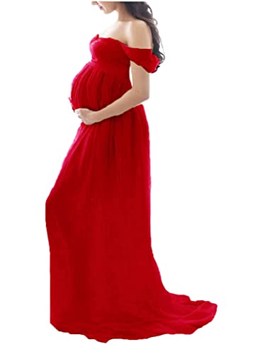 Tomwell Damen Schwangerschaftskleid Split Bodenlanges Kleid Einfarbig Elegant Fotoshooting Umstandskleider Maternity Chiffonkleid Maxi Schwangere Fotografie Kleid A Rot L von Tomwell