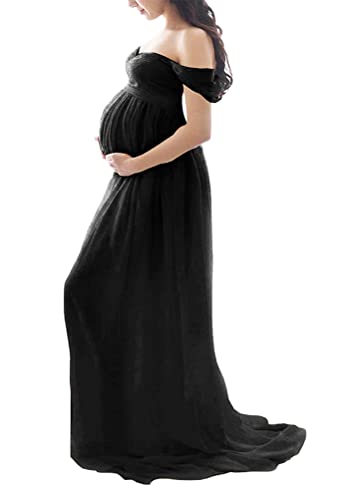 Tomwell Damen Schwangerschaftskleid Split Bodenlanges Kleid Einfarbig Elegant Fotoshooting Umstandskleider Maternity Chiffonkleid Maxi Schwangere Fotografie Kleid A Schwarz M von Tomwell