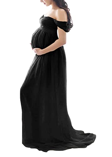 Tomwell Damen Schwangerschaftskleid Split Bodenlanges Kleid Einfarbig Elegant Fotoshooting Umstandskleider Maternity Chiffonkleid Maxi Schwangere Fotografie Kleid A Schwarz S von Tomwell