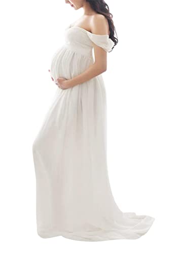 Tomwell Damen Schwangerschaftskleid Split Bodenlanges Kleid Einfarbig Elegant Fotoshooting Umstandskleider Maternity Chiffonkleid Maxi Schwangere Fotografie Kleid A Weiß L von Tomwell