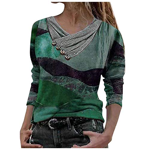 Tomwell Damen Seitliche Tasten Langarmshirt Pullover Lässige Rundhals Sweatshirt Ellenbogen Gepatcht Hemd Lose T Shirt Blusen Tunika Top B Grün S von Tomwell