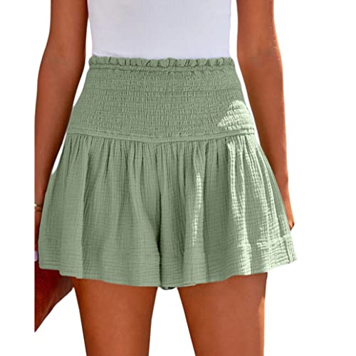 Tomwell Damen Shorts Frühling und Sommer High Waist Plissee Shorts Einfarbig Kurze Hosen Leichte Stretch Hotpants Casual Strandshorts A Hellgrün S von Tomwell