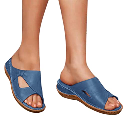 Tomwell Damen Slippers Freizeit Sandalen mit Absatz Plateau Pantoletten Leder Sommer Hausschuhe Sandalen Open Toe Schlappen Sommerschuhe Leicht Bequem Strandsandalen A Blau 36 EU von Tomwell