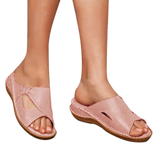 Tomwell Damen Slippers Freizeit Sandalen mit Absatz Plateau Pantoletten Leder Sommer Hausschuhe Sandalen Open Toe Schlappen Sommerschuhe Leicht Bequem Strandsandalen A Rosa 36 EU von Tomwell