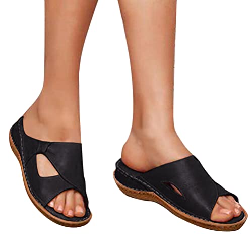 Tomwell Damen Slippers Freizeit Sandalen mit Absatz Plateau Pantoletten Leder Sommer Hausschuhe Sandalen Open Toe Schlappen Sommerschuhe Leicht Bequem Strandsandalen A Schwarz 36 EU von Tomwell