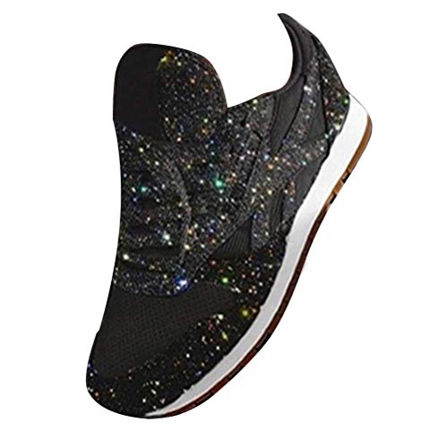 Tomwell Damen Sneaker Pailletten Glitzer Flach Schuhe Freizeit Schnürer Sportschuhe Glänzende Schuhe Laufschuhe Sneaker Schwarz 37 EU von Tomwell