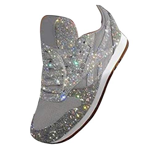 Tomwell Damen Sneaker Pailletten Glitzer Flach Schuhe Freizeit Schnürer Sportschuhe Glänzende Schuhe Laufschuhe Sneaker Silber 40 EU von Tomwell