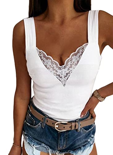 Tomwell Damen Sommer Armellose Einfarbiges Tanktop Sexy V-Ausschnitt Spitzenbesatz Camisole Mode Casual Spitze Top T-Shirt Strand Vest Bluse A Weiß L von Tomwell