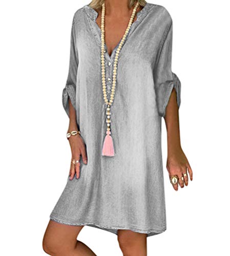 Tomwell Damen Sommer Kleider Denimkleid Übergröße Sommerkleid Casual Hemdblusenkleid Tunika Hemd Kleid Loses Minikleid Knielanges Kurzarm Jeanskleid A Grau XL von Tomwell