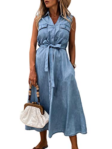 Tomwell Damen Sommer Kleider Denimkleid Übergröße Sommerkleid Casual Hemdblusenkleid Tunika Hemd Kleid Loses Minikleid Knielanges Kurzarm Jeanskleid F Blau M von Tomwell