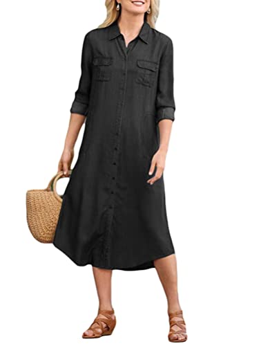 Tomwell Damen Sommer Kleider Denimkleid Übergröße Sommerkleid Casual Hemdblusenkleid Tunika Hemd Kleid Loses Minikleid Knielanges Kurzarm Jeanskleid H Schwarz L von Tomwell