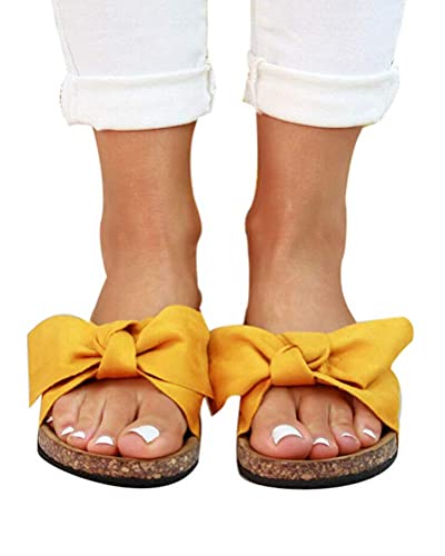 Tomwell Damen Sommer Sandalen Mit Fußbett Pantoletten Mit Schleife Flache Sommerschuhe Strand Schuhe Offen Slipper Sommer Damenschuhe Gelb 37 EU von Tomwell